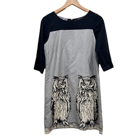 Knitted Dove Dress Gray Black Owl Print3/4 Sleeve Tunic Mini Dress Size S - Picture 1 of 12